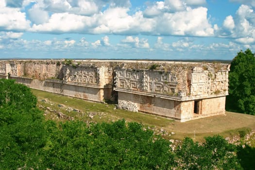 Ancient mayan site with old buildings and trees