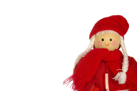 A wooden Mother Christmas doll isolated on a white background with space for text.