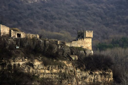 Antique fortress on cliff rocks with trees