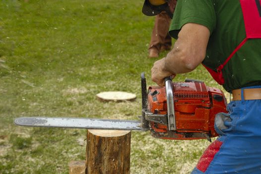 A woodcutter cutting a log into thin slices with a chainsaw, the sawdust flying. Space for text on the green grass of the background.