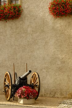 An old cannon outside a castle in Switzerland, guarding a tub of begonias. Geraniums on the window ledges above.