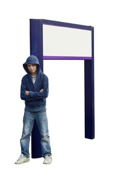 an isolated image for ease of use, of a teen thug looking menacing, leaning against a blank signpost.