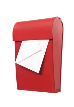 Red mailbox with mail in it isolated on a white background