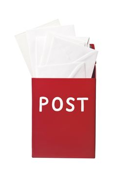 Red mailbox with mail in it isolated on a white background
