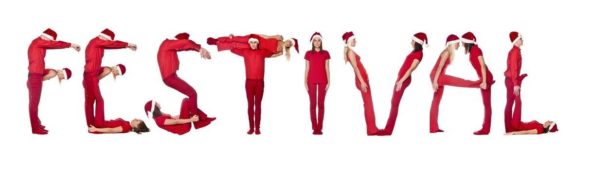 Elfs forming the phrase 'Festival' isolated on white