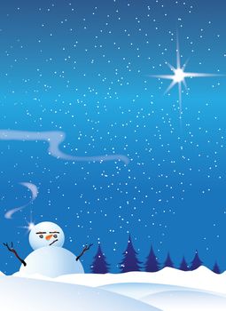 A snowman figure set in the snow with a blue sky background with falling snow. Plenty of room for copy etc to top of image.