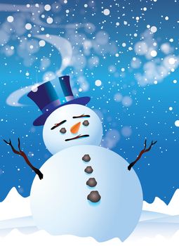 A snowman figure wearing a blue top hat, set in the snow with a blue sky background with falling snow. Plenty of room for copy etc to top of image.