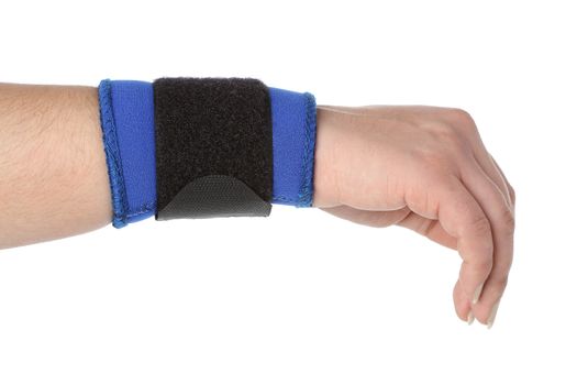 Human hand with a wrist brace, orthopeadic equipment over white