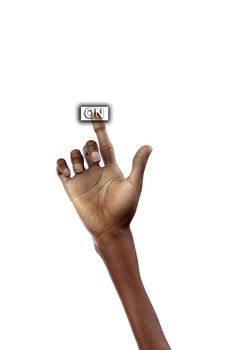 Conceptual image of a hand touching an on button. 