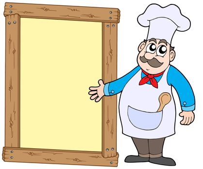 Chef with wooden panel - color illustration.