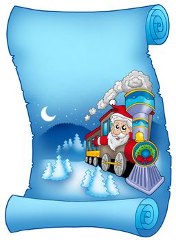 Blue parchment with Santa in train - color illustration.
