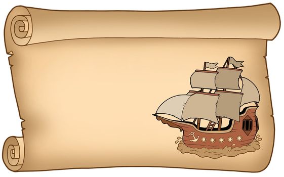 Parchment with old ship - color illustration.