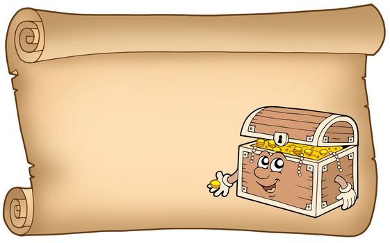 Old parchment with treasure chest - color illustration.
