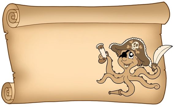 Old parchment with pirate octopus - color illustration.