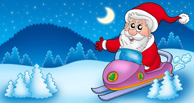 Landscape with Santa Claus on scooter - color illustration.