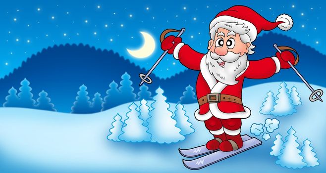 Landscape with skiing Santa Claus - color illustration.
