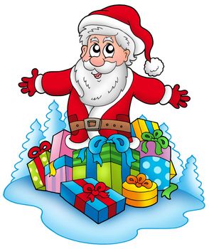 Happy Santa Claus with pile of gifts - color illustration.