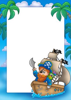 Frame with pirate sailing on ship - color illustration.
