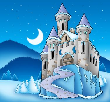 Frozen castle in winter landscape - color illustration.