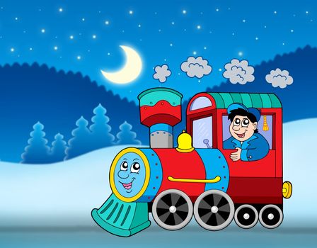 Locomotive in winter landscape - color illustration.