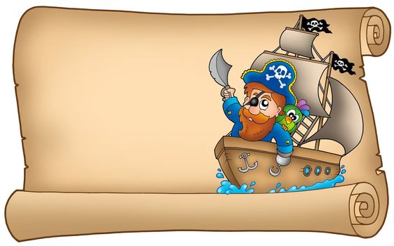 Old parchment with pirate sailing on ship - color illustration.