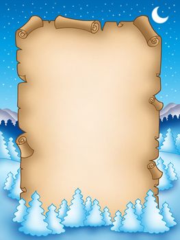 Winter parchment with snowy landscape 2 - color illustration.