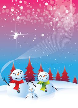 A family of snowmen set in the snow with a blue and red sky background with falling snow.  Mum, Dad and child.