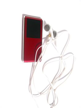 a red mp3 and white ear-phone