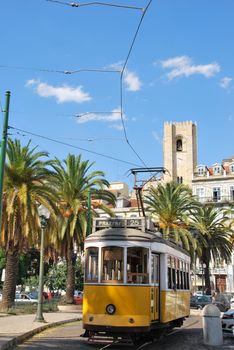 beautiful city sight of the capital of Portugal with yellow typical tram, Lisbon