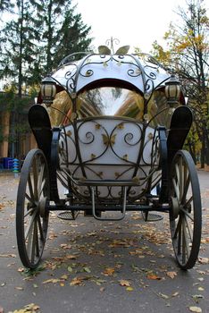 Fairy Tale Forged Coach With Big Metal Wheels And Mirror Glass Windows