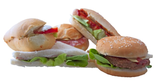 A bunch of several types of sandwich over white background