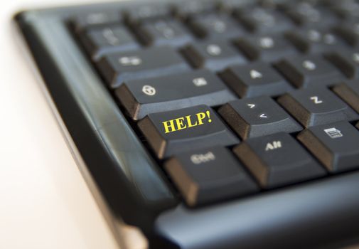 Closeup of keys of a black computer keyboard: over one key, the word Help