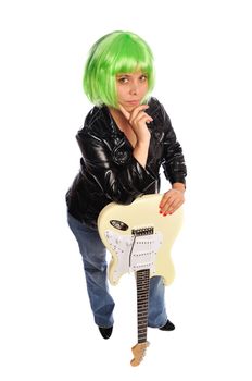 woman with green hair and electric guitar posing on a white background
