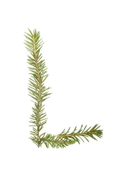 Spruce twigs forming the letter 'L' isolated on white