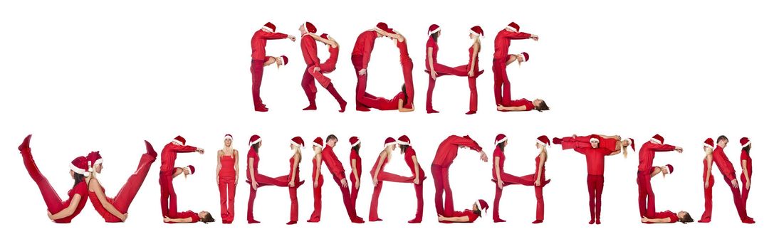 Group of elfs forming the phrase 'FROHE WEINACHTEN' against a white background