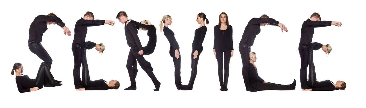 Group of people forming the word 'SERVICE', isolated on white background.