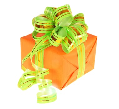 Orange gift box isolated on white background                               