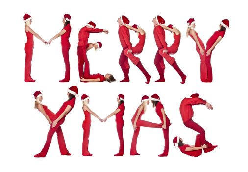 Group of red dressed people forming the phrase 'MERRY XMAS', isolated on white.