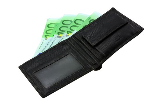 Black wallet with European Currency cash