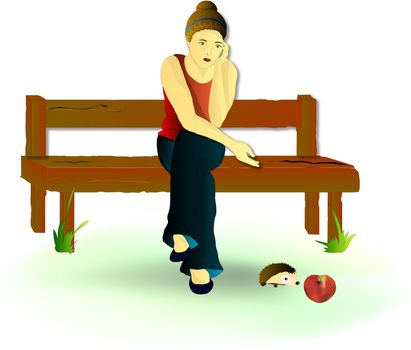 girl sitting on a bench and feed the apple hedgehog
����