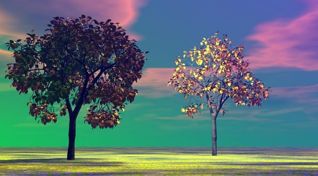 Two trees with colors rainbow on a multicolored landscape