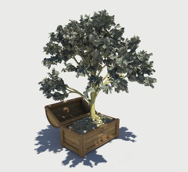 Money tree grew up in a chest with gold coins