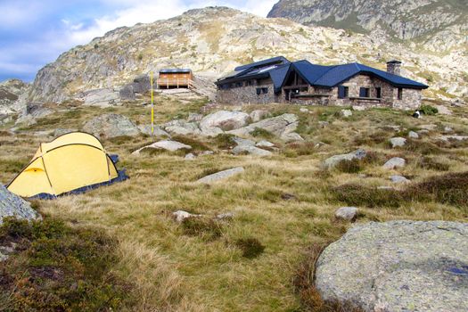 Refuge Jucla in Andorra - Pyrenees mountain. Sunny day.