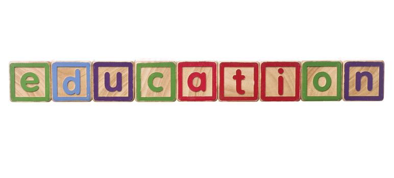 The word education built of Play Blocks isolated on white background