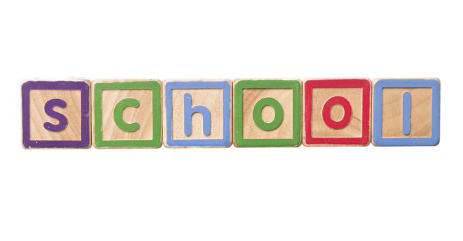 The word school built by Play Blocks isolated on white background