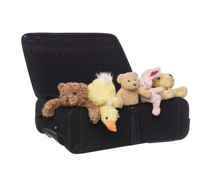 Suitcase with Toy Animals isolated on white background