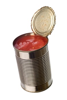 Tin Can with tomatoes isolated on white background