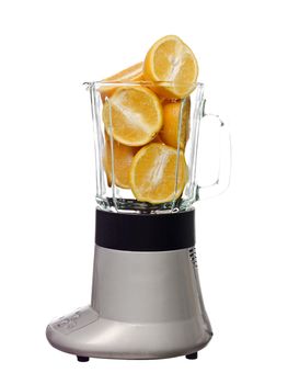 Blender with oranges isolated on white background