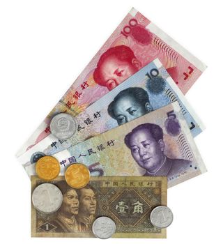 Different chinese banknotes and coins. China mainland.