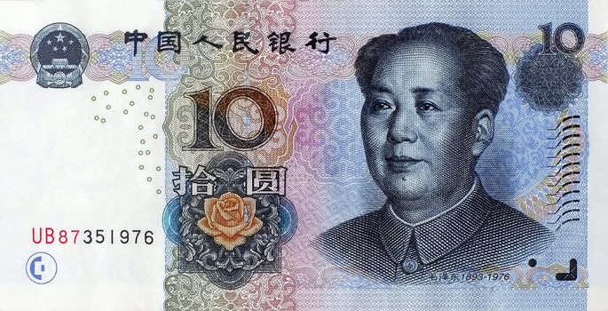 Ten yuan banknote. Chinese currency with Mao portrait.